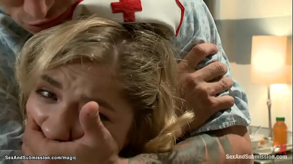 Handcuffed arrested man Mr Pete tricks and ties sexy naive blond nurse Lia Lor then rough fucks her in bed in the hospital