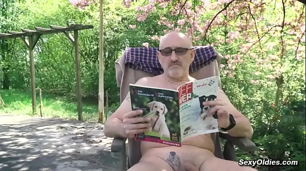 Old man Bruno reading naked in his backyard when his sexy brunette teen neighbor Charlotte Johnson teased him with ball then he fucks her  
