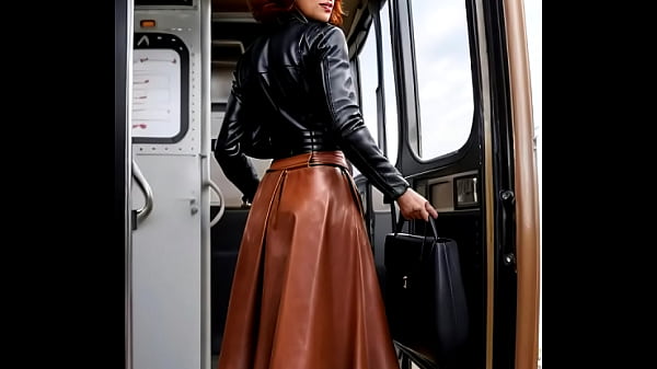 Busty mature redhead in full leather doing pole dance in a bus - AI Illustrated leather porn dream