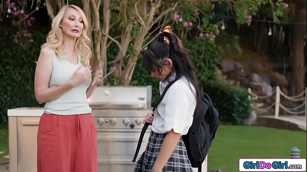 My busty stepmommy stared at my panties and I made my move.I could use an orgasm and I sucked on her big tits.The milf licked my asian teen pussy