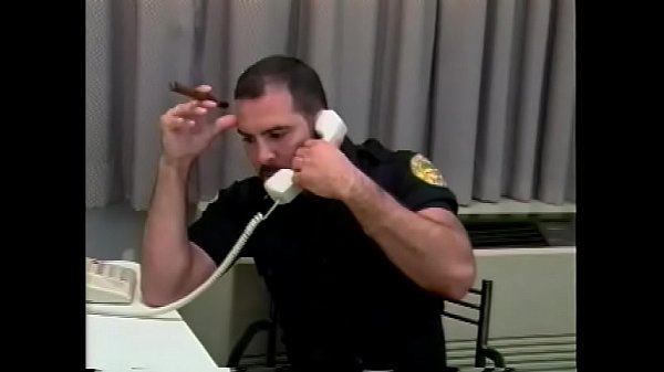 Muscular policeman exploring tight ass of horny dude in office  