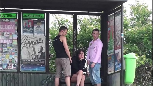 Hot busty girl public sex bus stop threesome with 2 guys with vaginal and oral