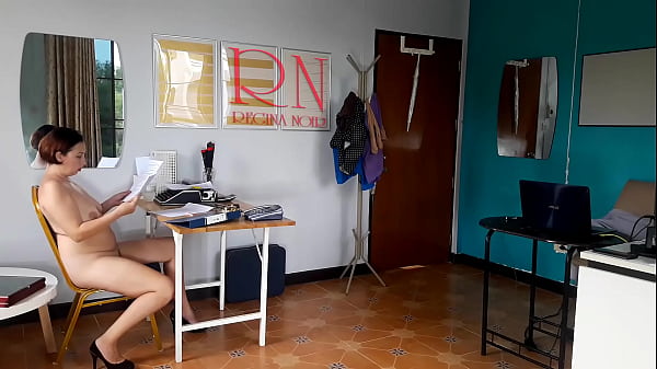 Naked office. Nudism in a public place. A hired lady manager without panties at the workplace. Boss and manager.  