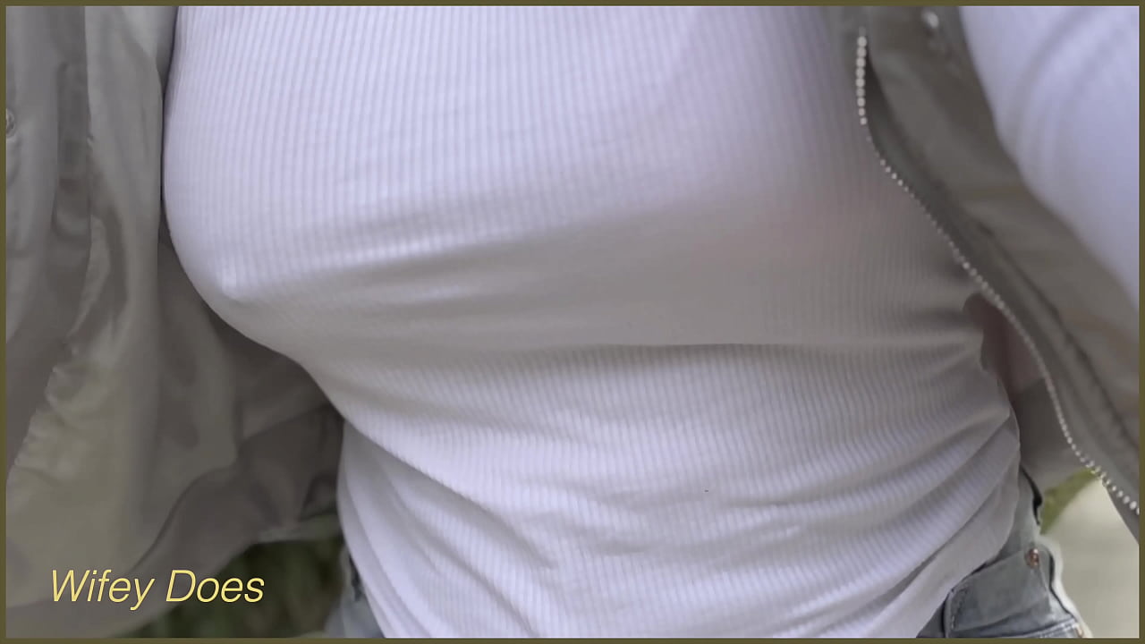 Amazing naughty MILF gets a dare to ride her bike no bra with perfect tits in white outdoor exhibitionist dare with sensational boobs