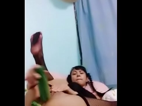 Slutty Asian webcam close-up on double penetration with big green cucumbers