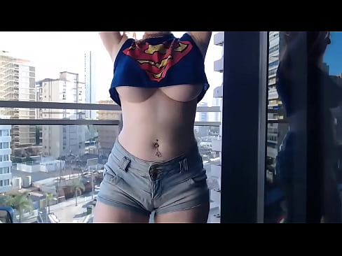 Hot busty petite showing huge tits outdoor in balcon