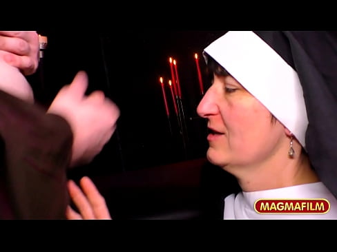 Horny nun giving blowjob and getting fucked by mature priest in fetish scene