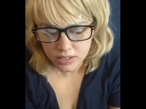 blonde wife gets glasses covered in cum