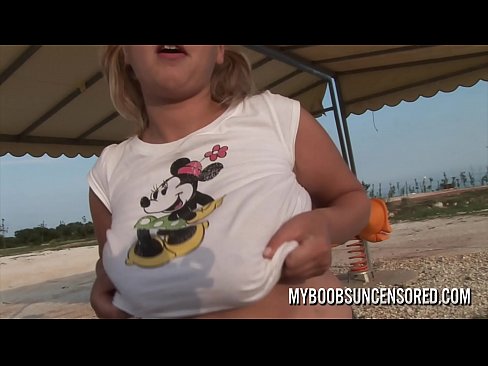 Big Tits cute blonde playing with her boobs outdoor