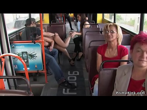 Stunning blonde is pussy and mouth fucked outdoors then dragged by master and mistress in public bus where got spanked and fucked