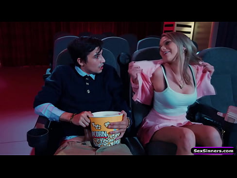 SexSinners.com - Petite small tits gf is bored and takes out bfs cock in cinema.The blonde sucks when a couple notices and leaves.The babes is pussy licked and banged