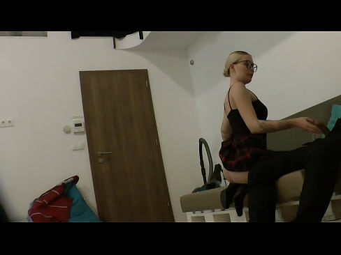 Nerdy Glasses Horny Tight Pussy Blonde with Gather and Stockings on High Heels works on a Big Cock to make it Cum