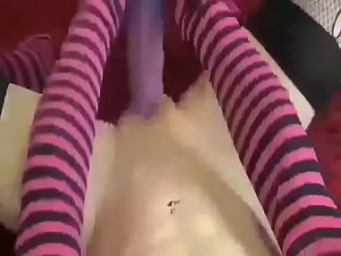 Big dildo self fucking in strippy socks