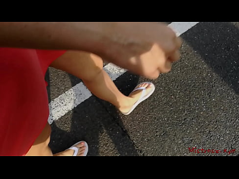 Mistress walking bare feet (flip flops) in public with submissive - outdoor POV