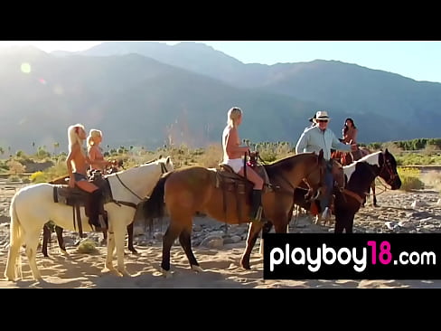 Nusty blonde beauties preferring naked riding on horse