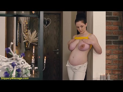big natural breast extreme pregnant babe playing with slippery nuru gel