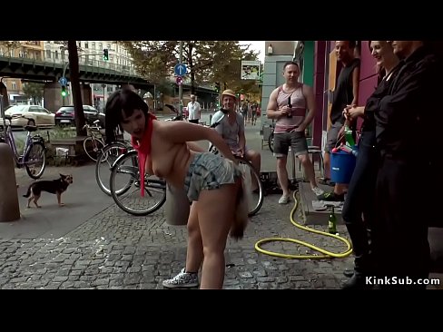 Big tits dark haired slave Pina De Luxe in denim cutt offs with tail butt plug d. in public street