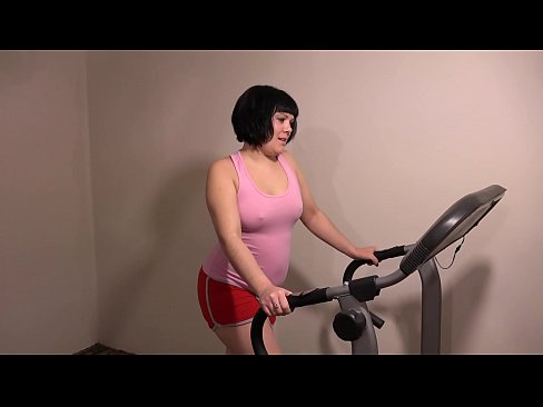 Anal masturbation on the treadmill, a girl with a juicy asshole is engaged in fitness.