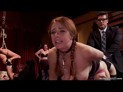 Big tits redhead Penny Pax and Asian brunette Yhivi both in stockings are tormented and mouths and assholes fucked at bdsm orgy party in the upper floor