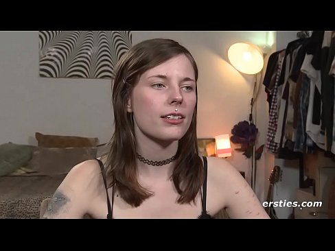 German Hottie with Piercings and Shaved Pussy Masturbates