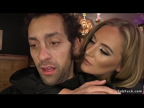 Blonde dom in sexy lingerie Mona Wales puts male slave in strait jacket and then makes him lick her before fucks his ass