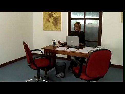 Busty blonde shemale and dude fuck each other's asshole at the office