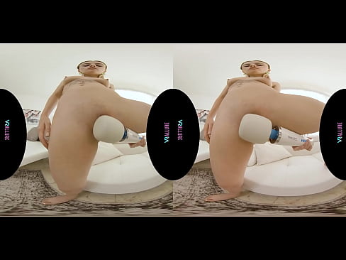 Tiny blonde spinner plays with her sex toys in virtual reality