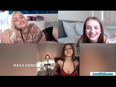 Babes play a game via video call and strip off showing their small tits.They finger their pussies and then lick a vibrator and masturbate with the toy