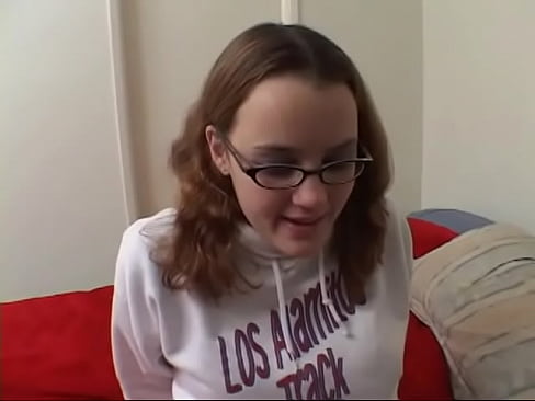 Young brunette with glasses sucks cock hard then rides it and gets jizzed