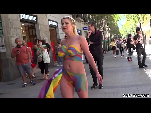Body painted huge tits blonde slave Sienna Day d. in public street then in bar fisted and caned