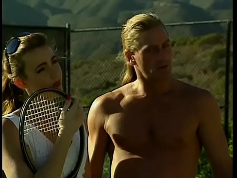 Lucky stud fucks couple of hot brunette babes on the tennis court