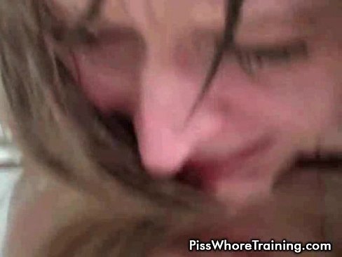 Blonde piss whore drinks her own pee