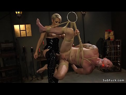 Blonde Milf mistress Helena Locke in rubber lingerie puts her male slave D Arclyte in rope and makes him lick in face sitting