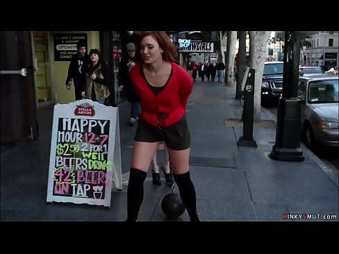 Mistress Princess Donna Dolore ties bowling ball to slave Jodi Taylor and makes her drag it in public streets then in bar makes her suck and fuck