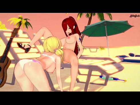 Lucy and Erza have some lesbian fun on the beach.