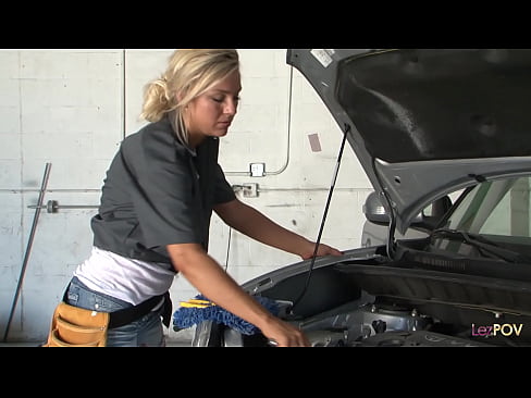 The blonde lezzie mechanic was doing her job and she would have finished her job on the car on schedule but the brunette was in a hurry, so she fucked her on the dirty floor to make things quicker.  The blonde lezzie mechanic was doing her job and she would have finished her job on the car on schedule but the brunette was in a hurry, so she fucked her on the dirty floor to make things quicker.