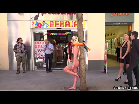 Beautiful blonde Euro hottie Sienna Day naked with painted body posing and shooting on the public streets then in bar d. and fucked for the crowd