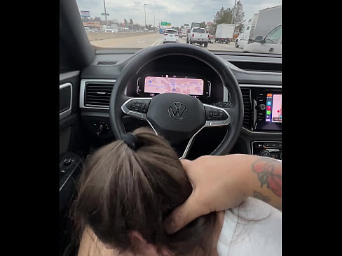 Skinny big titty pawg deepthroats my cock while driving