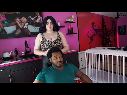 RickyxxxRails and Jane Judge, a femdom haircut with handjob, blowjob, a leather fetish bondage cape with a tight collar, cum on barber cape, a mean shave all the way to bald with clippers and scissor snips in this BBW hair stylist salon fantasy