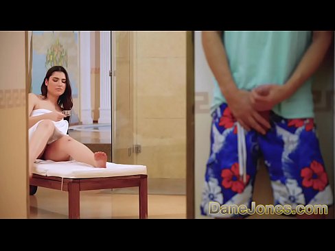 Marry drops her towel so Ricky can suck her big tits, then drops to her knees and gives him a blowjob. Ricky fucks the fit babe all over the spa, then cums on her pussy.