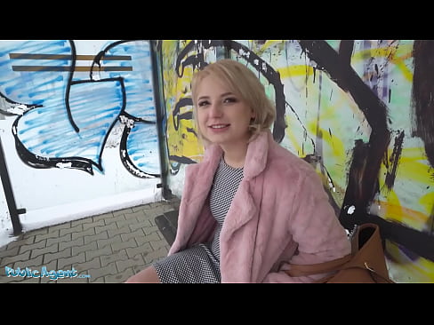 Public Agent amateur college teen with short hair chatted up at busstop before taking money to suck a big cock in a basement and getting her tight shaved pussy penetrated by huge dick and sucking cum into her pretty mouth