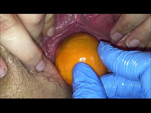 Tight pink pussy stretch open and gape by orange and apple intense fruit popping out of pink hole