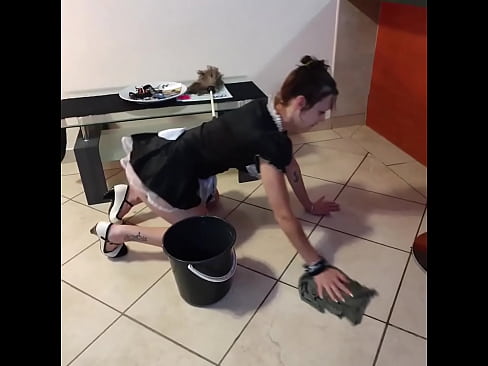 Pissing on french maid and she cleans it up