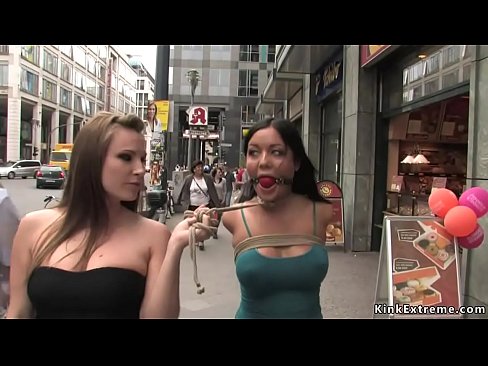 Hot big fake tits brunette slave Angelica Heart takes bondage tour of the city by Zenza Raggi and Harmony Rose then fucked in hidden places