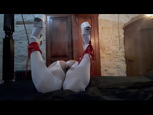 Laura on Hee step sister bound on a bed in white catsuit vibed and deepthroat a large cock.  Laura on Hee step sister bound on a bed in white catsuit vibed and deepthroat a large cock.
