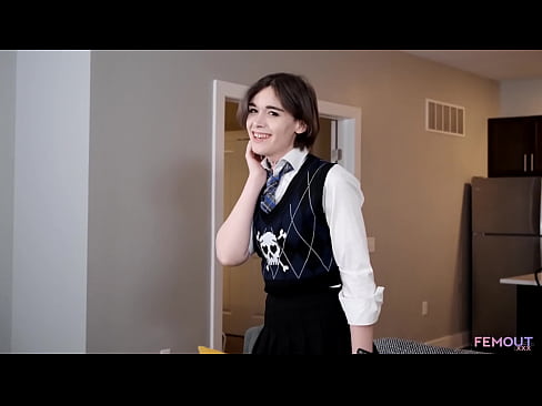 FEMOUT.XXX: Gorgeous Smug Teen Tranny in Uniform, Small Tits, Pink Nipples, Masturbates