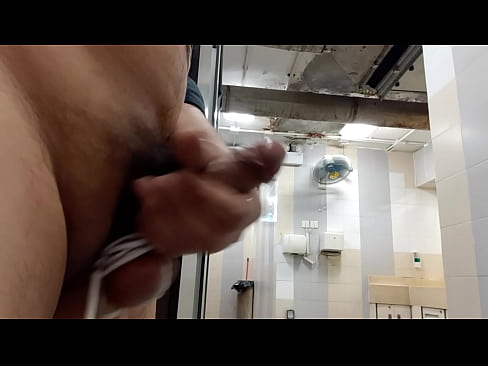Ball bondage in public toilet, cruising but no people