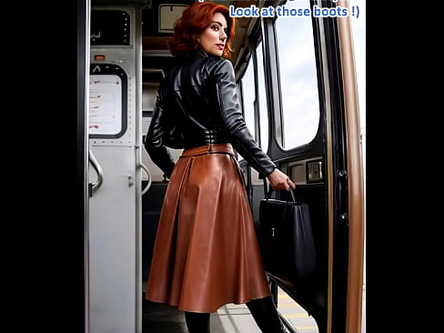 Busty mature redhead in full leather doing pole dance in a bus - AI Illustrated leather porn dream  Busty mature redhead in full leather doing pole dance in a bus - AI Illustrated leather porn dream