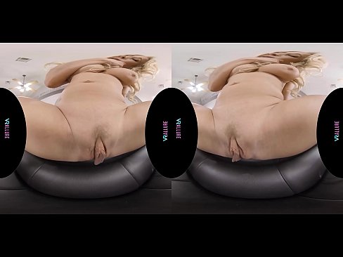 Beautiful busty blonde masturbates with her toy in virtual reality
