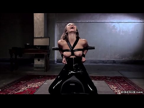 Stunning brunette slave trainee Dani Daniels with big tits and prettyface in black latex is set on Sybian by master James Mogul while Tommy Pistol bangs her mouth then pussy with big cock